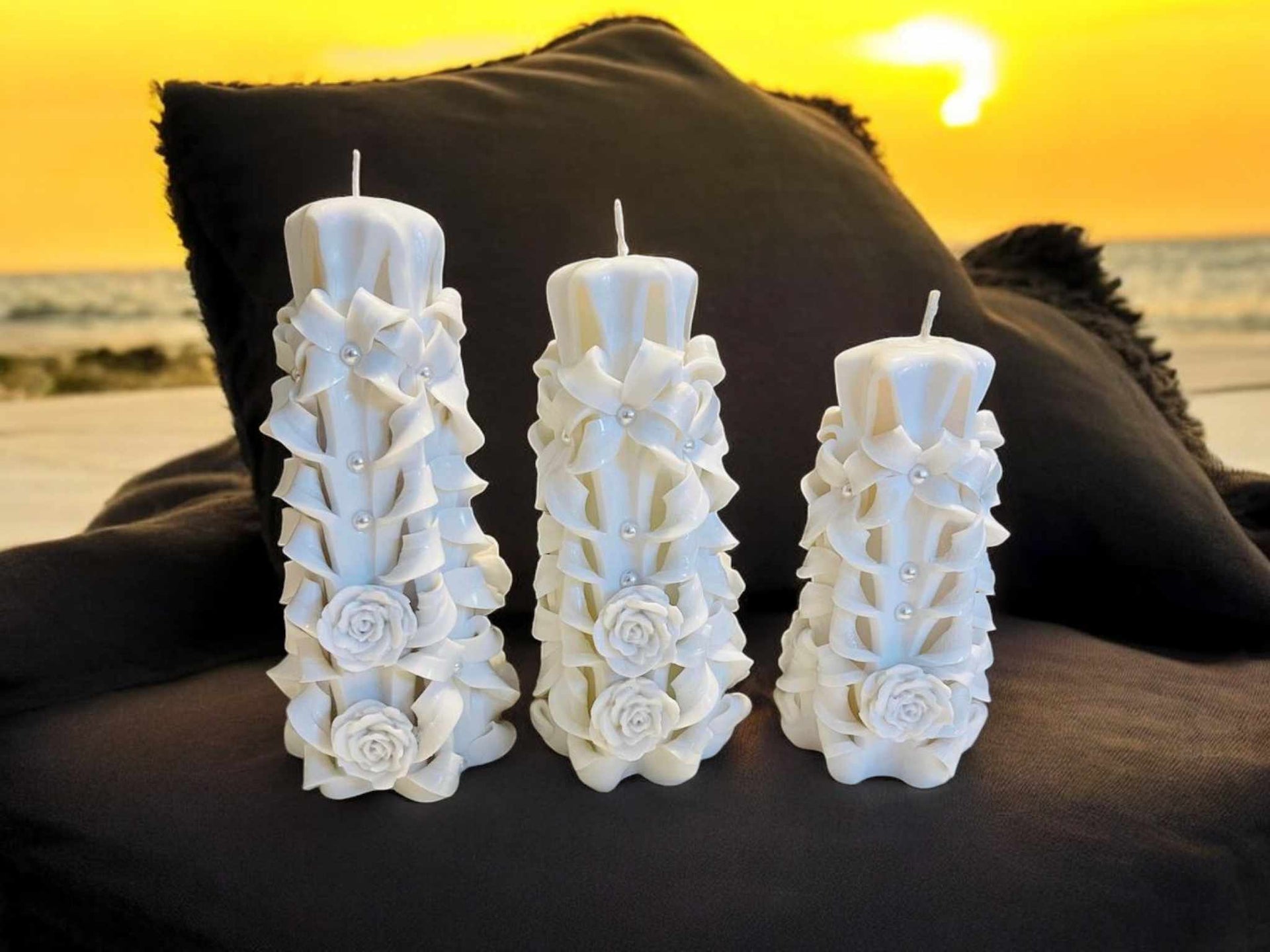 Handmade carved flowery design candles set of 2