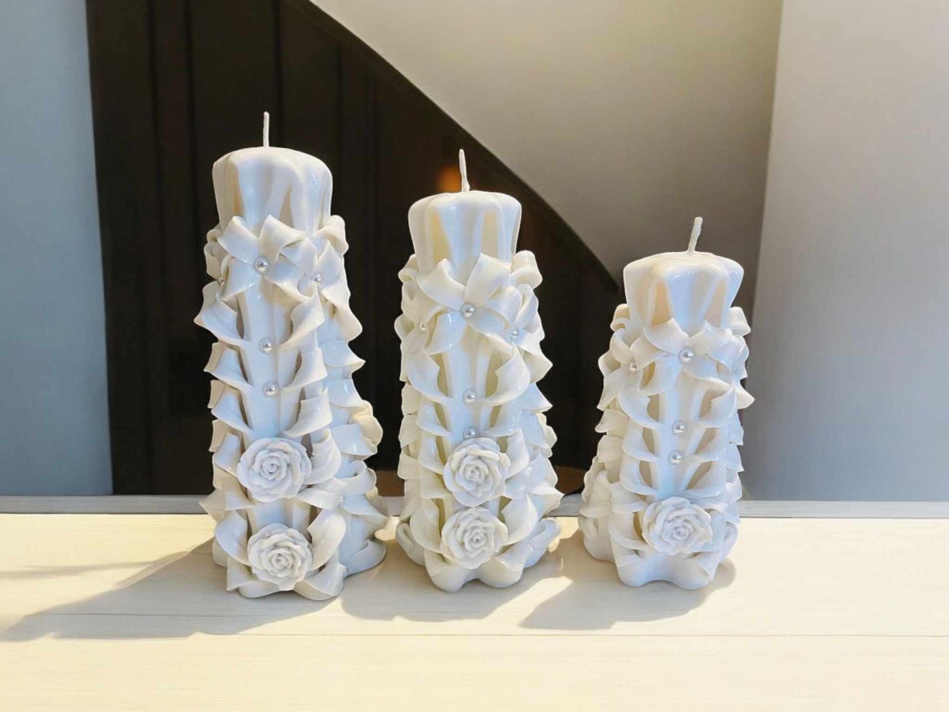 Handmade carved flowery design candles set of 2