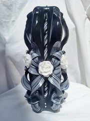 Black and white carved rose candle floral design