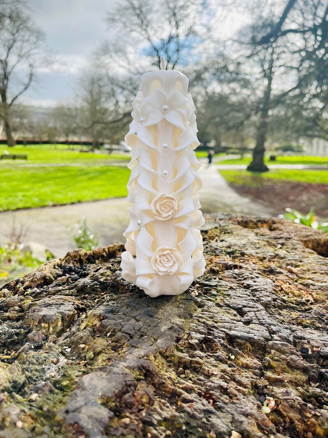 Handmade carved flowery design candles set of 2