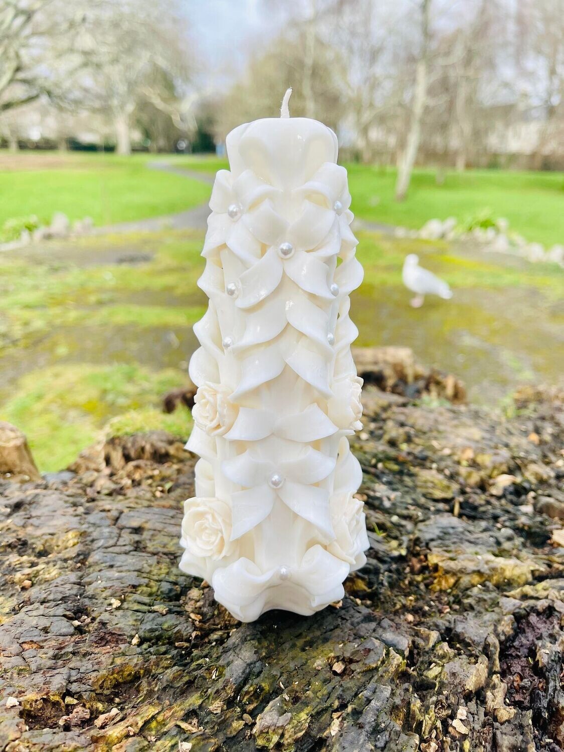 Handmade carved flowery design candles set of 2