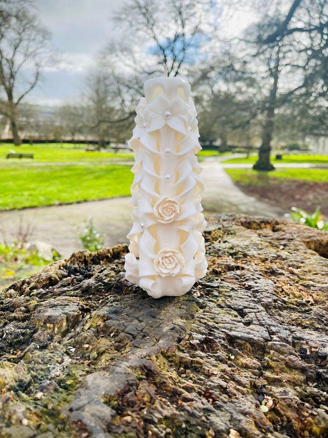 Handmade carved flowery design candles set of 2