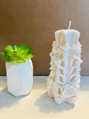 Handmade carved flowery design candles set of 2