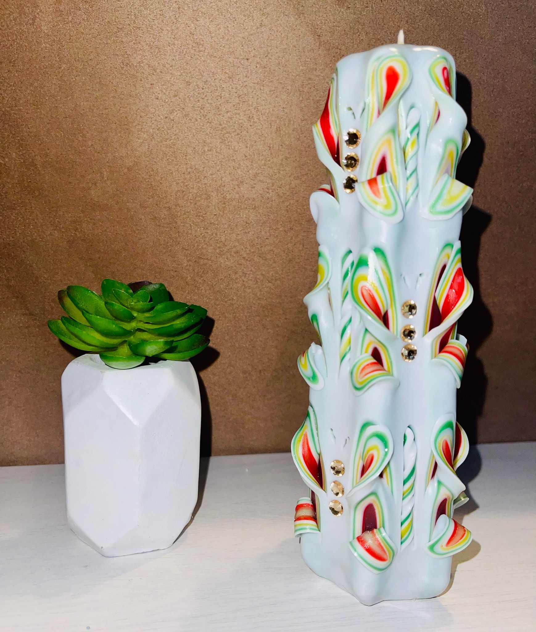 Floral carved candle, handmade and unscented