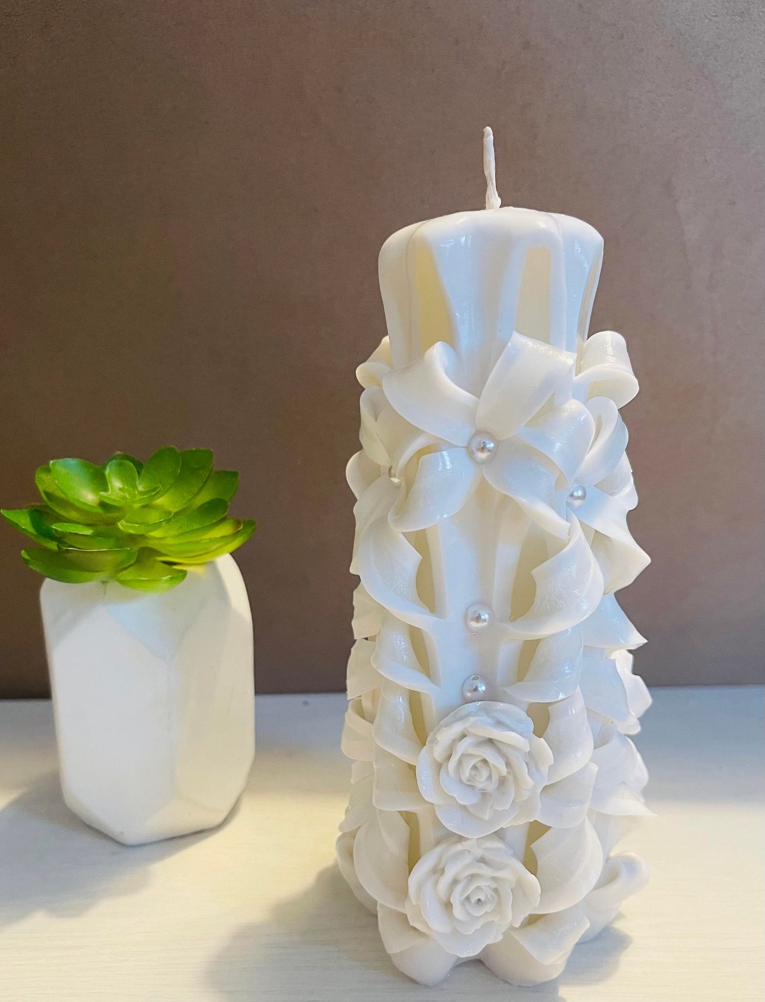 Handmade carved flowery design candles set of 2