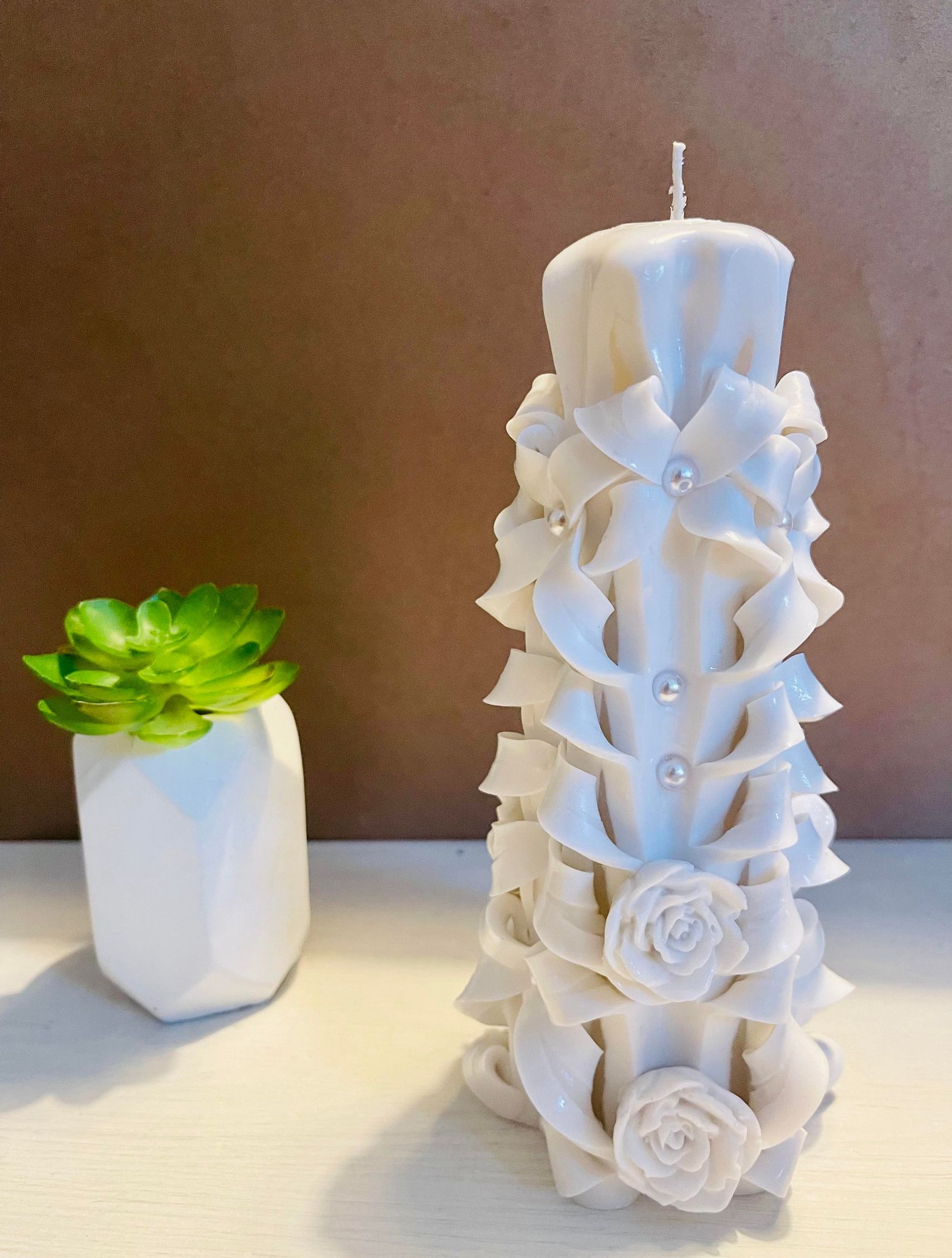 Handmade carved flowery design candles set of 2