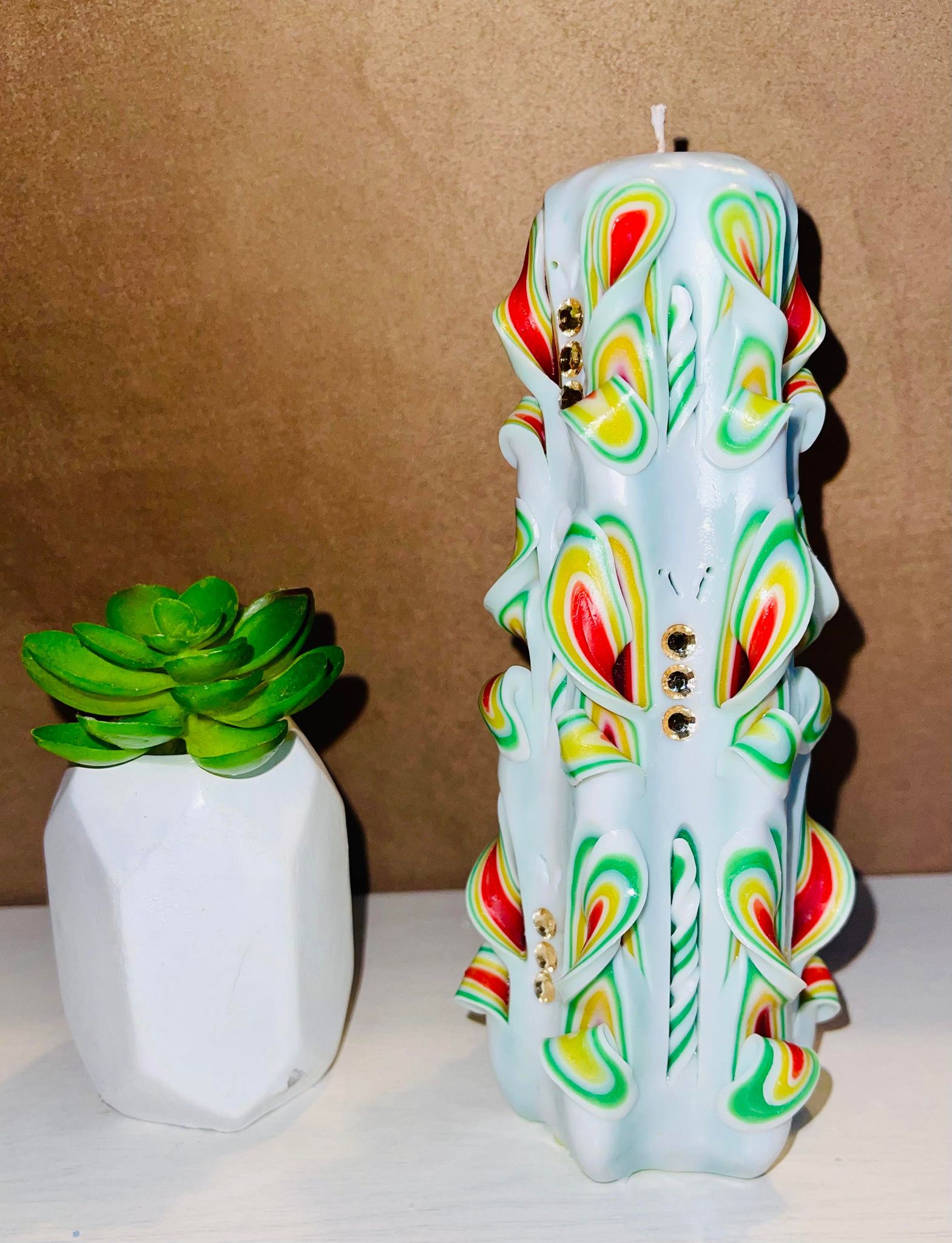 Floral carved candle, handmade and unscented