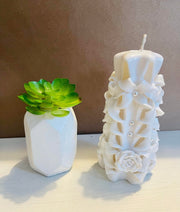 Handmade carved flowery design candles set of 2
