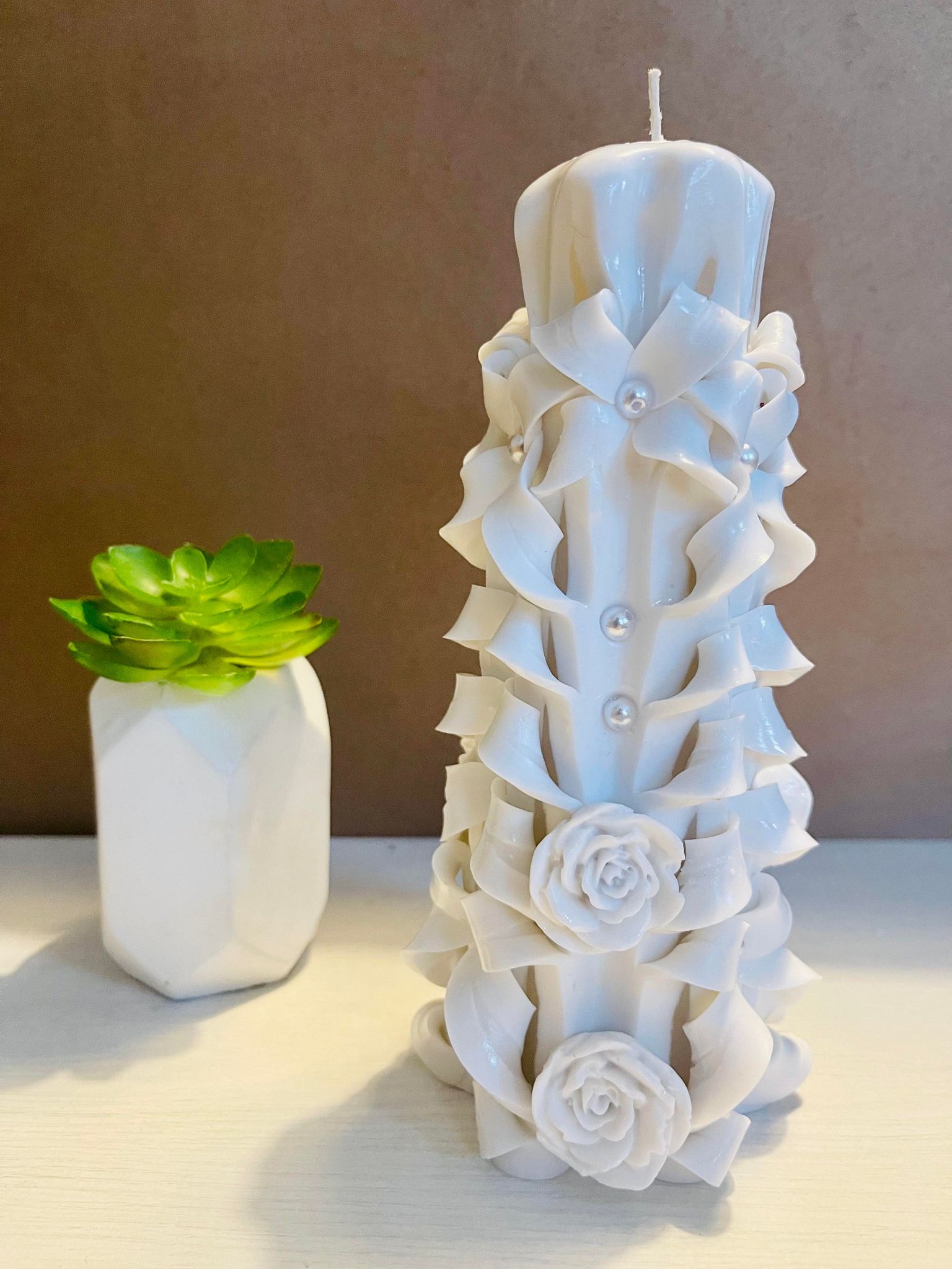 Handmade carved flowery design candles set of 2