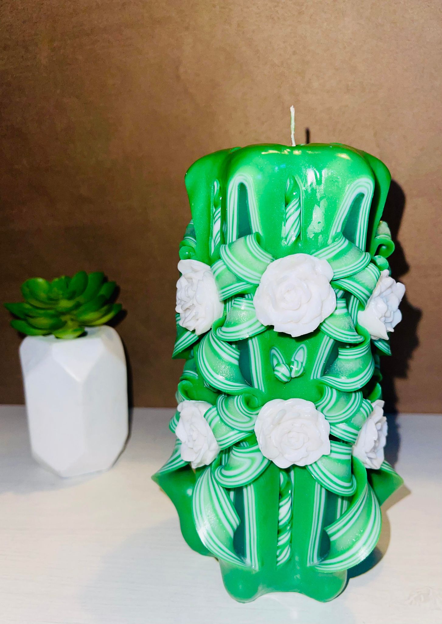 Rose carved artisan floral candle with elegant design