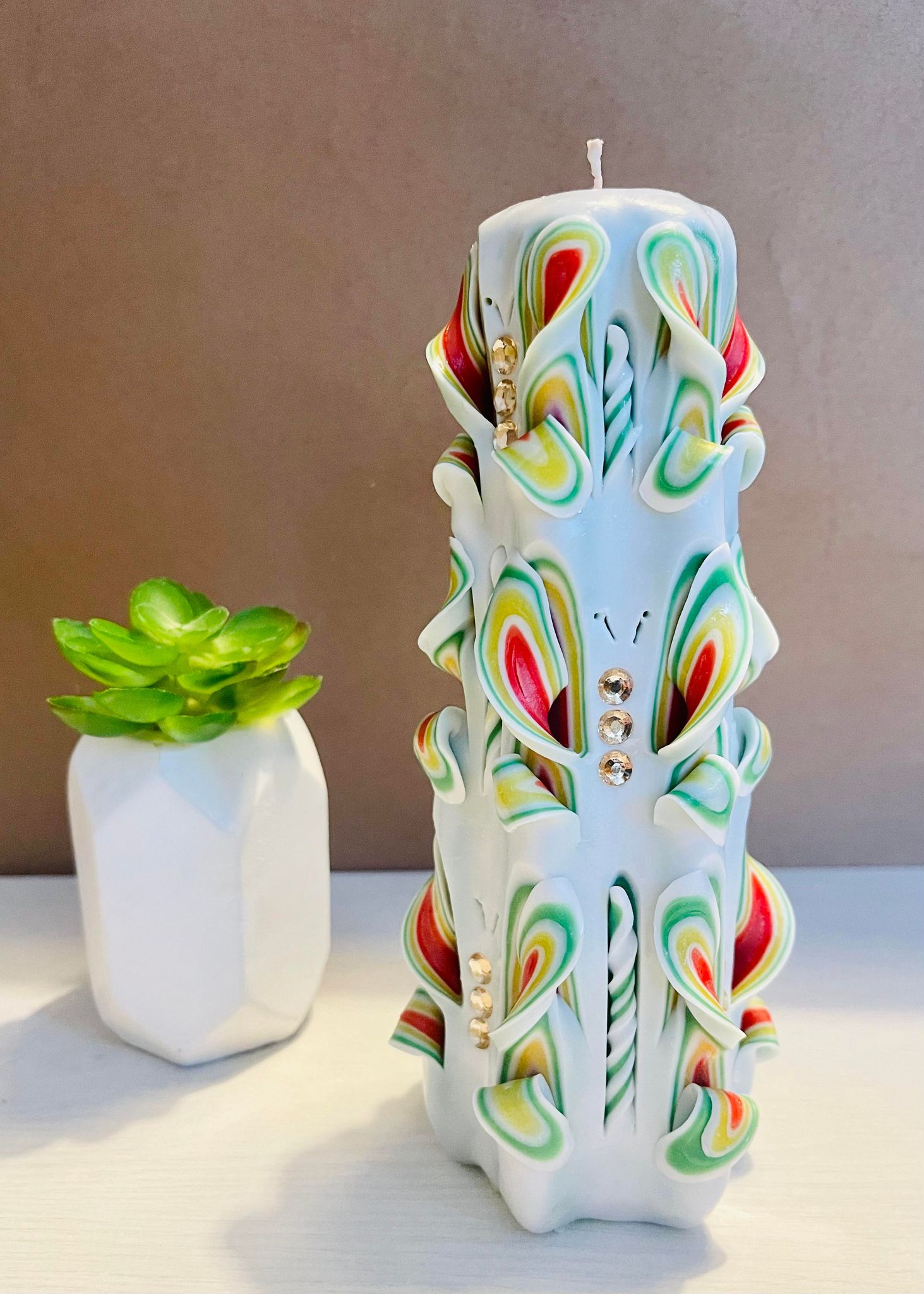 Floral carved candle, handmade and unscented
