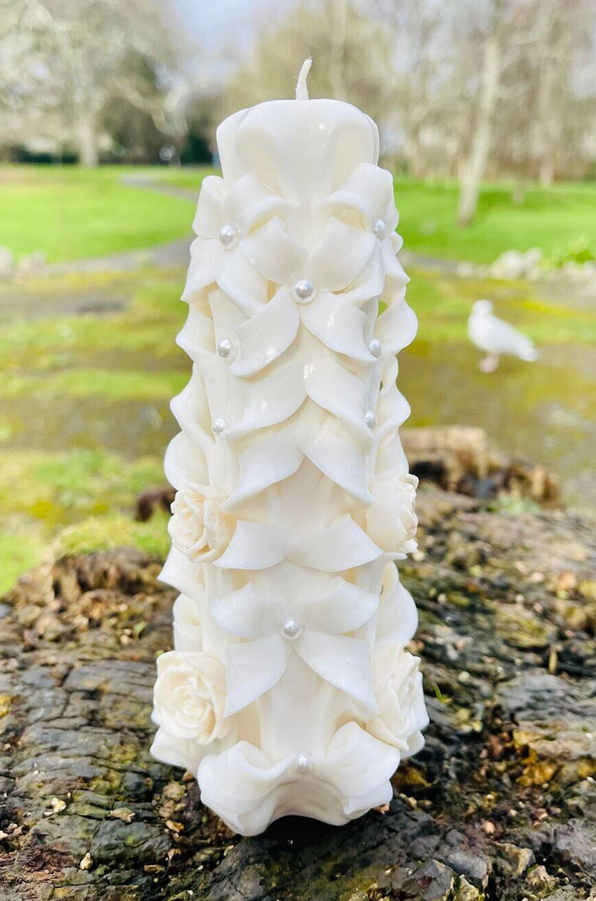 Handmade carved flowery design candles set of 2